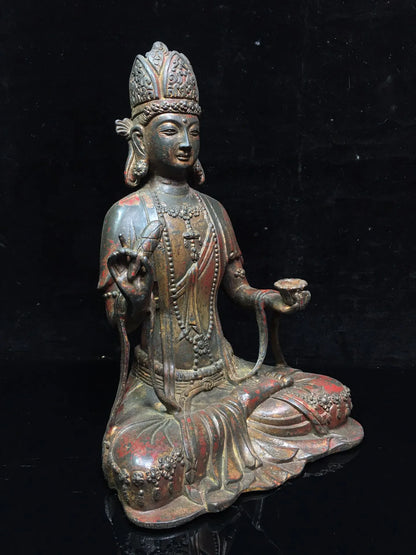 9"Tibetan Temple Collection Old Bronze Cinnabar Lacquer Muyu lotus Guanyin Bodhisattva Sitting Buddha Worship Hall Town house