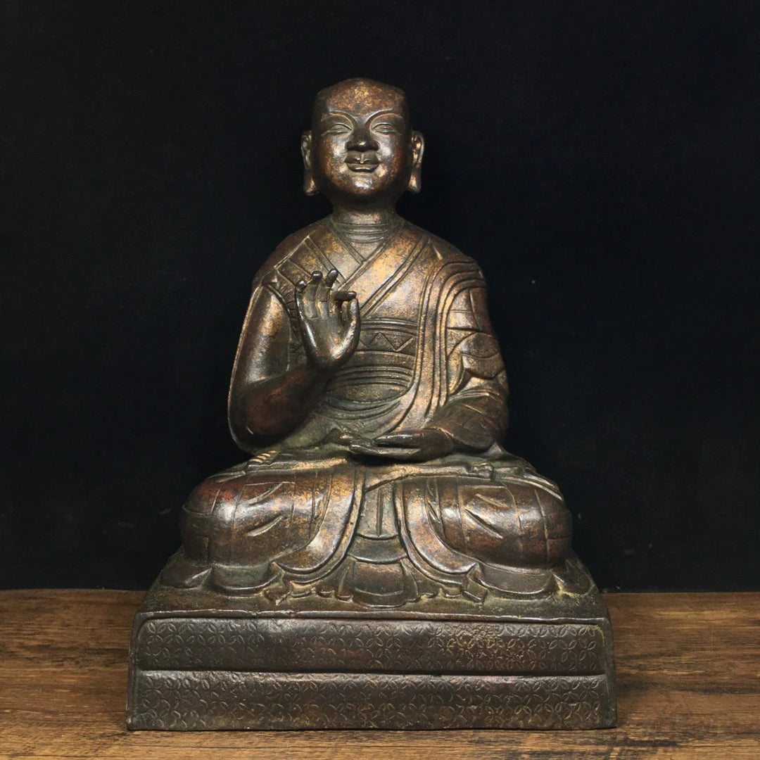 9"Tibetan Temple Collection Old Bronze Cinnabar Lacquer Northern Wei Buddha Tsongkhapa Sitting Buddha Enshrine the Buddha