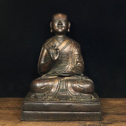 9"Tibetan Temple Collection Old Bronze Cinnabar Lacquer Northern Wei Buddha Tsongkhapa Sitting Buddha Enshrine the Buddha