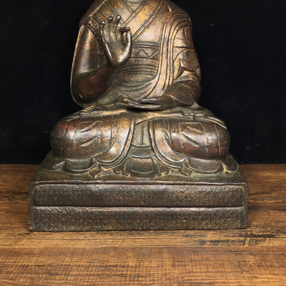 9"Tibetan Temple Collection Old Bronze Cinnabar Lacquer Northern Wei Buddha Tsongkhapa Sitting Buddha Enshrine the Buddha