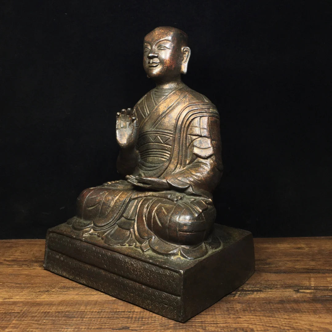 9"Tibetan Temple Collection Old Bronze Cinnabar Lacquer Northern Wei Buddha Tsongkhapa Sitting Buddha Enshrine the Buddha