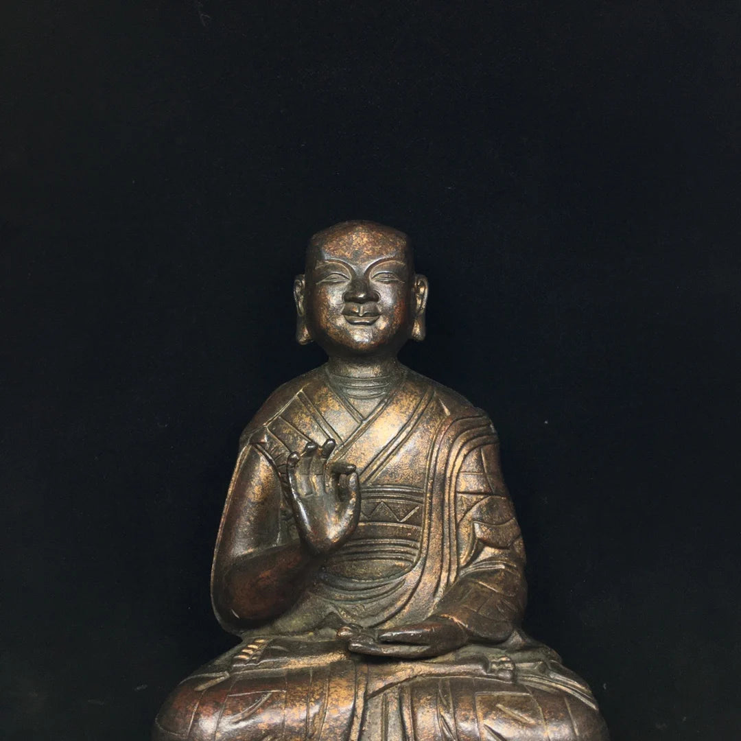 9"Tibetan Temple Collection Old Bronze Cinnabar Lacquer Northern Wei Buddha Tsongkhapa Sitting Buddha Enshrine the Buddha
