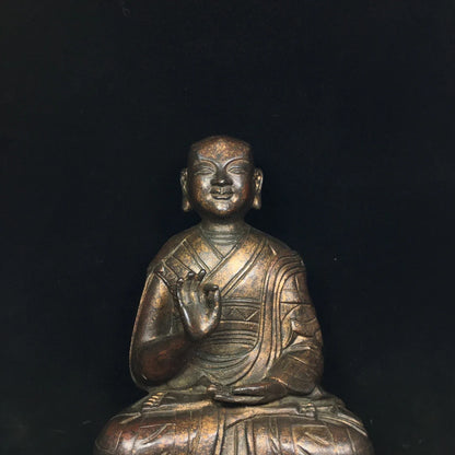 9"Tibetan Temple Collection Old Bronze Cinnabar Lacquer Northern Wei Buddha Tsongkhapa Sitting Buddha Enshrine the Buddha