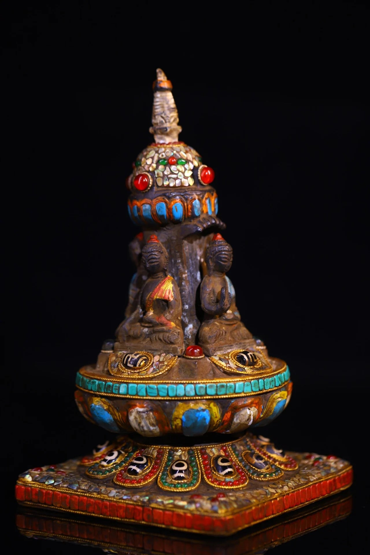 9"Tibetan Temple Collection Old Bronze Cinnabar Mosaic Gem gZi Beads Four sided Shakyamuni Buddha Pagoda Stupa Worship Hall
