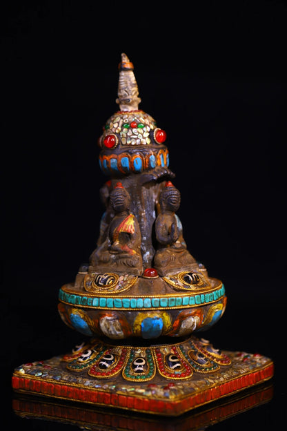 9"Tibetan Temple Collection Old Bronze Cinnabar Mosaic Gem gZi Beads Four sided Shakyamuni Buddha Pagoda Stupa Worship Hall