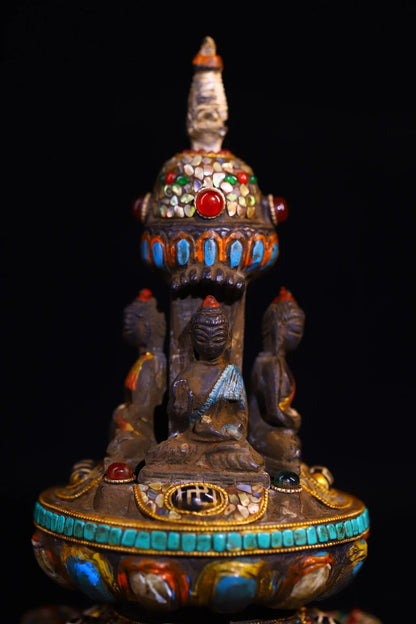 9"Tibetan Temple Collection Old Bronze Cinnabar Mosaic Gem gZi Beads Four sided Shakyamuni Buddha Pagoda Stupa Worship Hall
