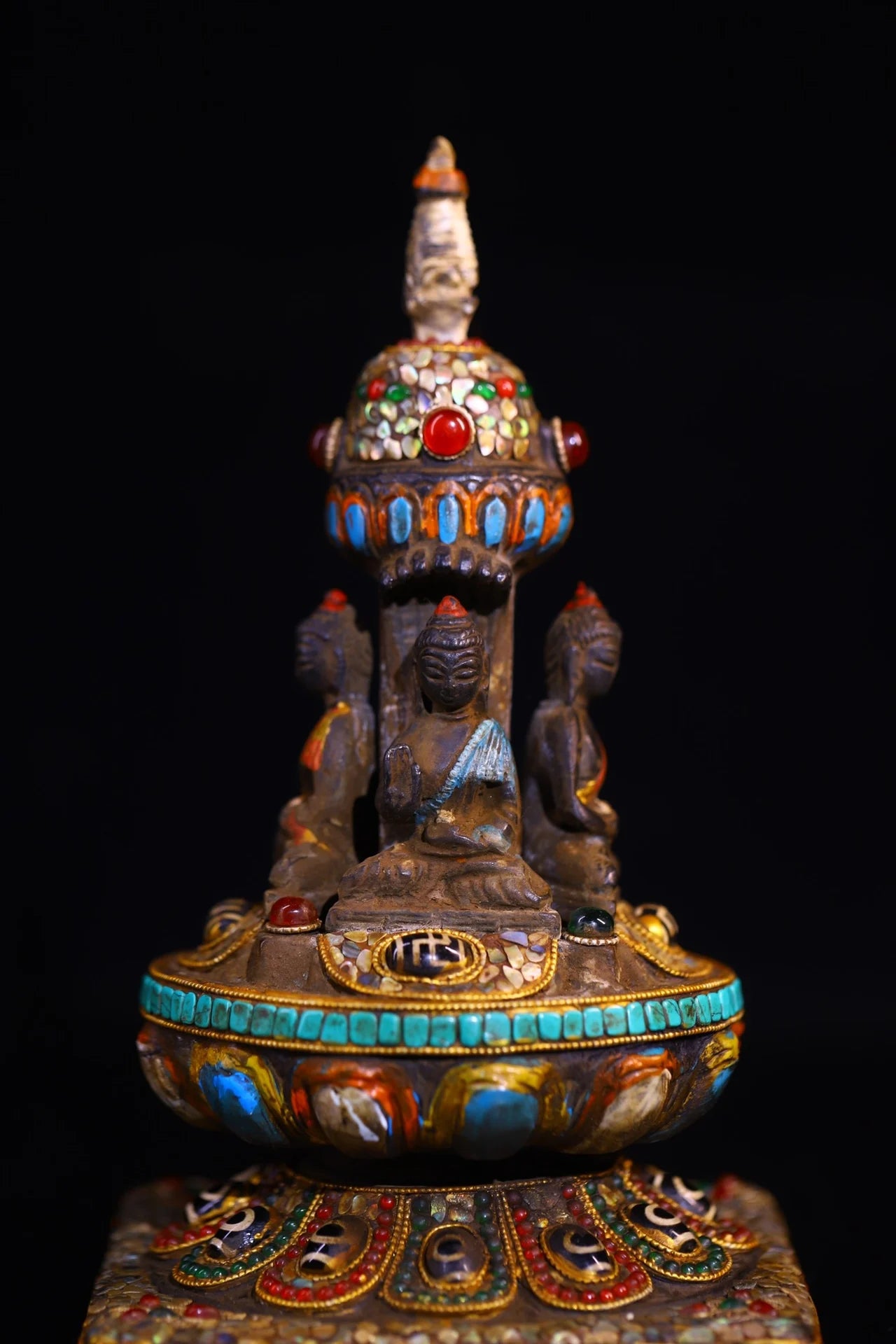 9"Tibetan Temple Collection Old Bronze Cinnabar Mosaic Gem gZi Beads Four sided Shakyamuni Buddha Pagoda Stupa Worship Hall