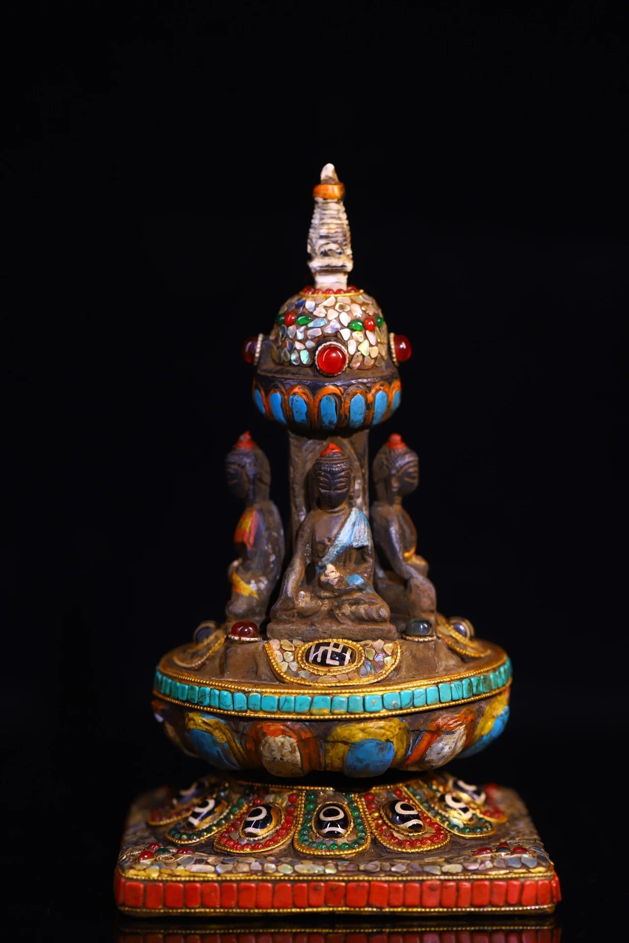 9"Tibetan Temple Collection Old Bronze Cinnabar Mosaic Gem gZi Beads Four sided Shakyamuni Buddha Pagoda Stupa Worship Hall