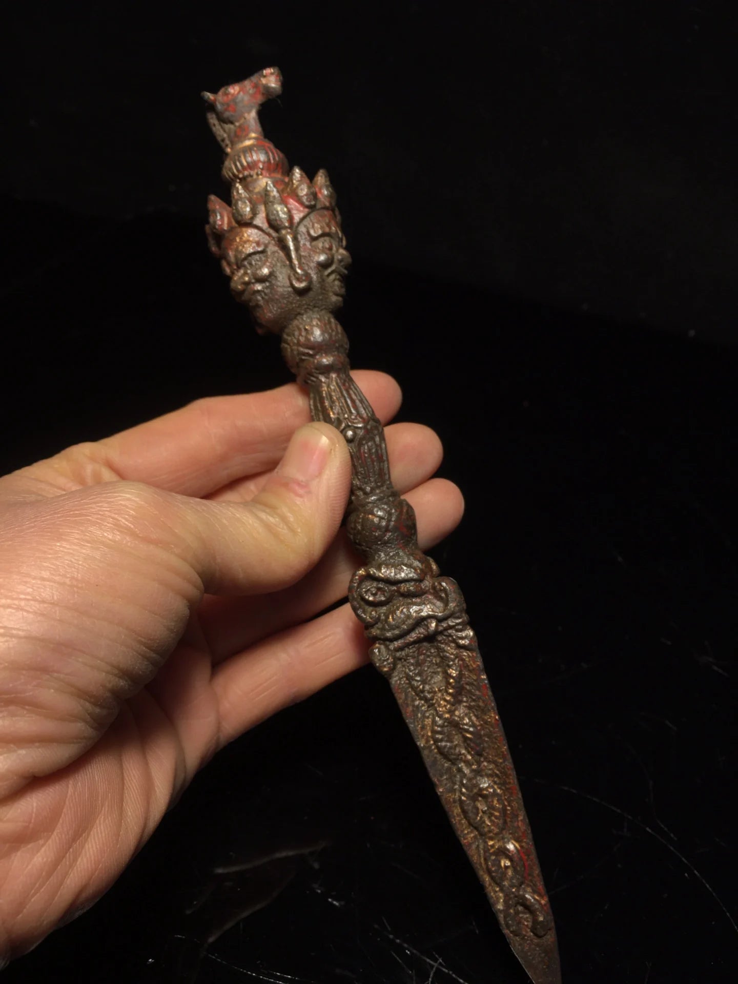 9"Tibetan Temple Collection Old Bronze Cinnabar Mud gold Hayagriva Mahakala Head Dorje Vajra Phurpa Amulet Dharma Worship Hall