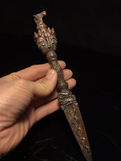 9"Tibetan Temple Collection Old Bronze Cinnabar Mud gold Hayagriva Mahakala Head Dorje Vajra Phurpa Amulet Dharma Worship Hall