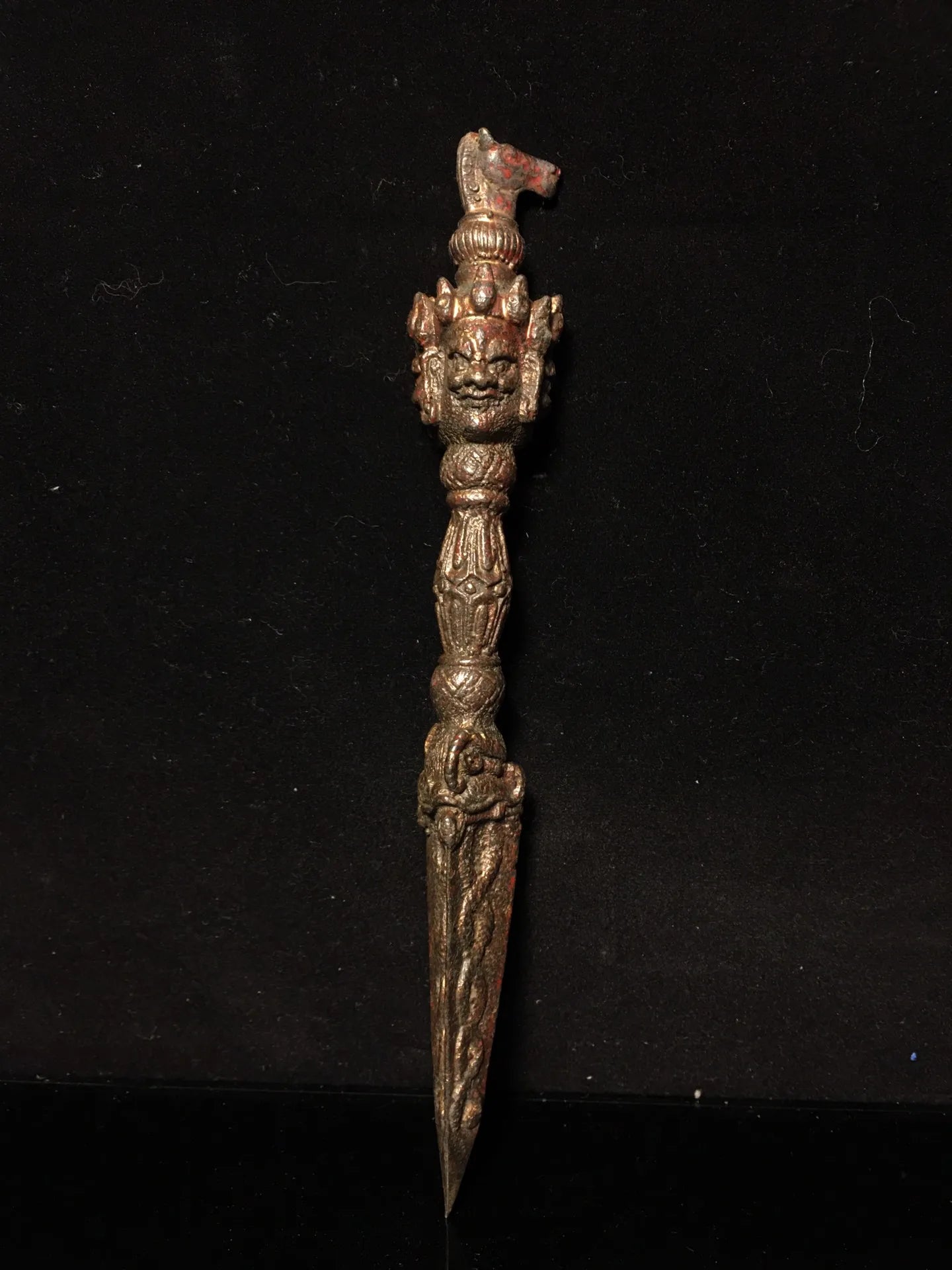 9"Tibetan Temple Collection Old Bronze Cinnabar Mud gold Hayagriva Mahakala Head Dorje Vajra Phurpa Amulet Dharma Worship Hall