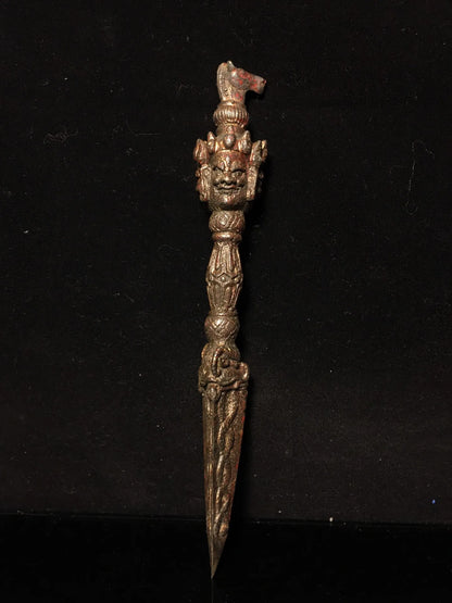 9"Tibetan Temple Collection Old Bronze Cinnabar Mud gold Hayagriva Mahakala Head Dorje Vajra Phurpa Amulet Dharma Worship Hall