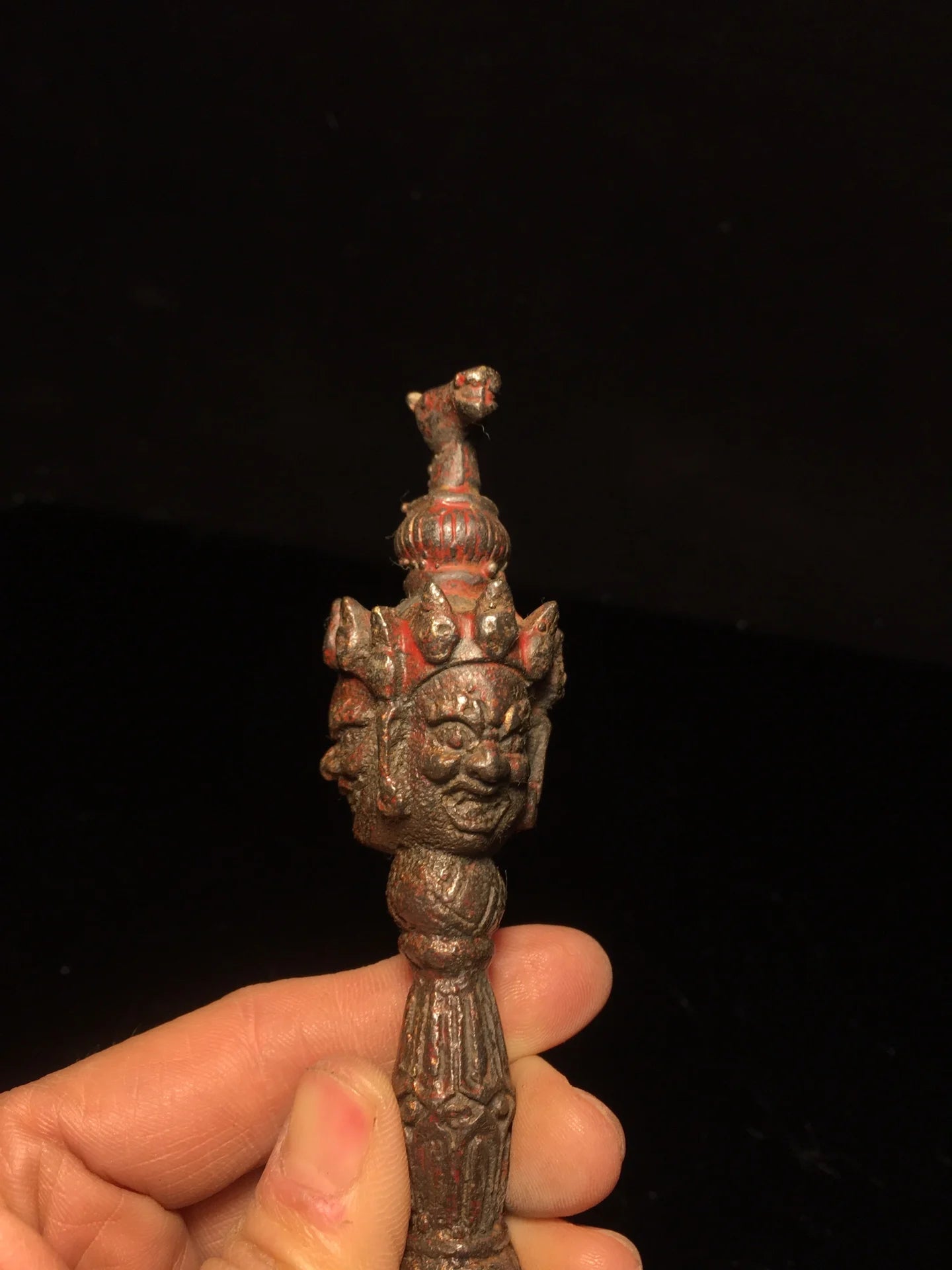 9"Tibetan Temple Collection Old Bronze Cinnabar Mud gold Hayagriva Mahakala Head Dorje Vajra Phurpa Amulet Dharma Worship Hall