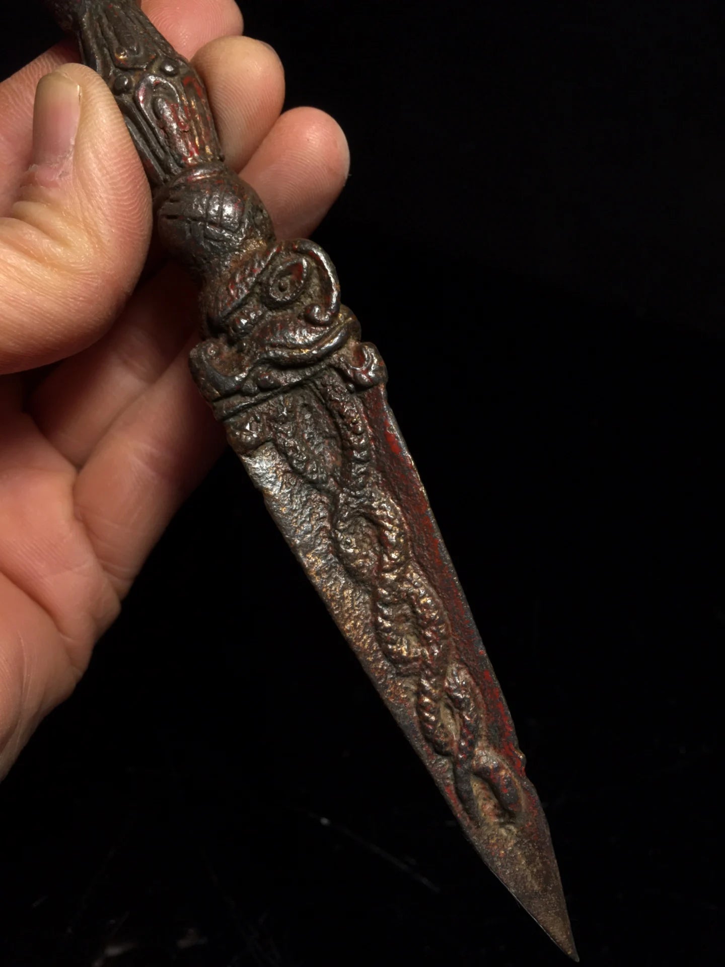 9"Tibetan Temple Collection Old Bronze Cinnabar Mud gold Hayagriva Mahakala Head Dorje Vajra Phurpa Amulet Dharma Worship Hall