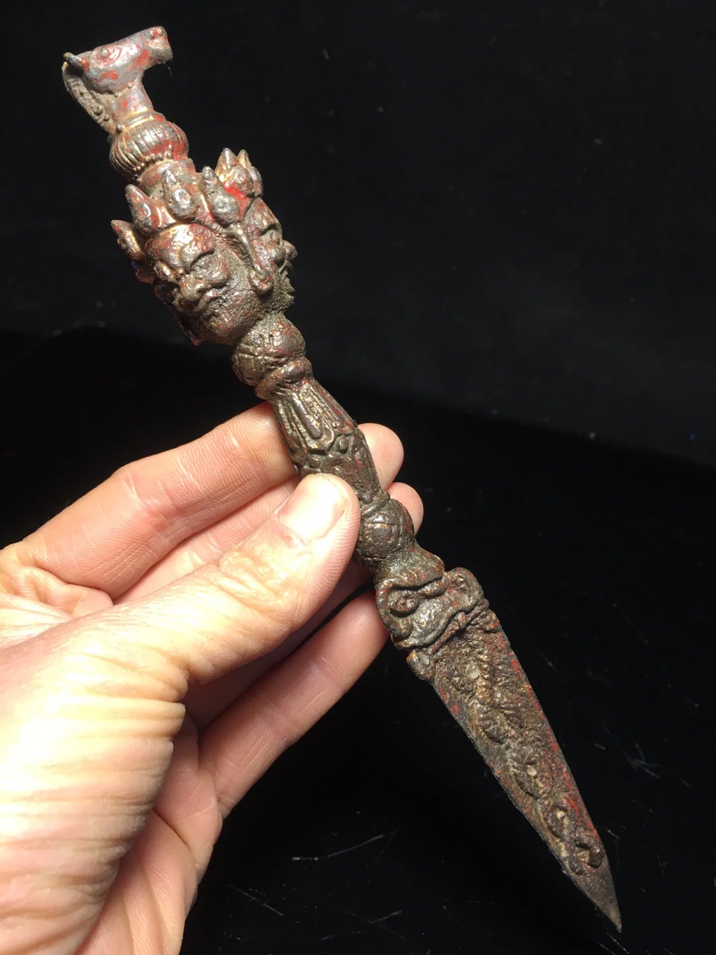 9"Tibetan Temple Collection Old Bronze Cinnabar Mud gold Hayagriva Mahakala Head Dorje Vajra Phurpa Amulet Dharma Worship Hall