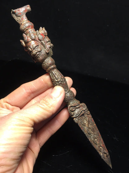9"Tibetan Temple Collection Old Bronze Cinnabar Mud gold Hayagriva Mahakala Head Dorje Vajra Phurpa Amulet Dharma Worship Hall