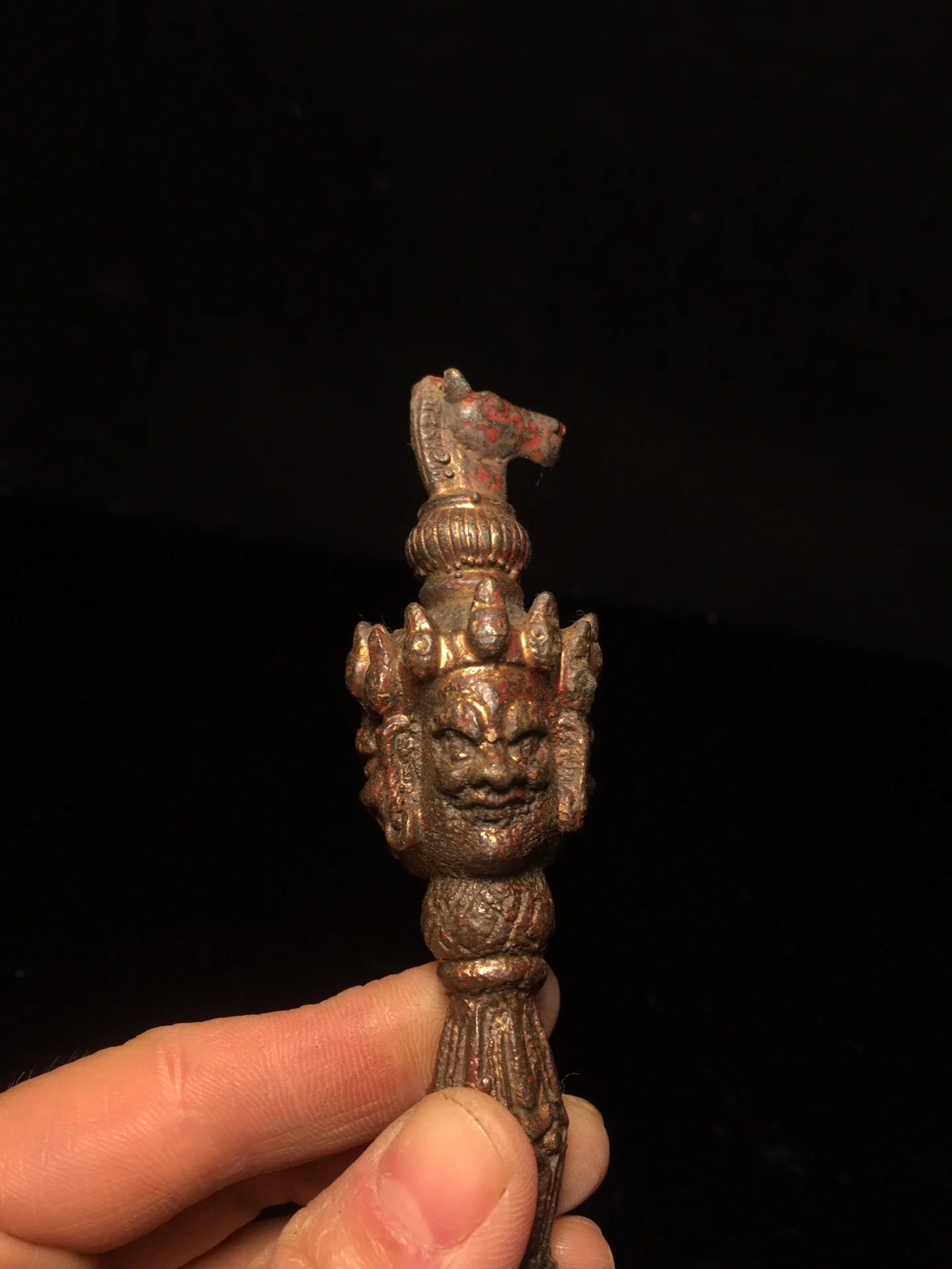 9"Tibetan Temple Collection Old Bronze Cinnabar Mud gold Hayagriva Mahakala Head Dorje Vajra Phurpa Amulet Dharma Worship Hall