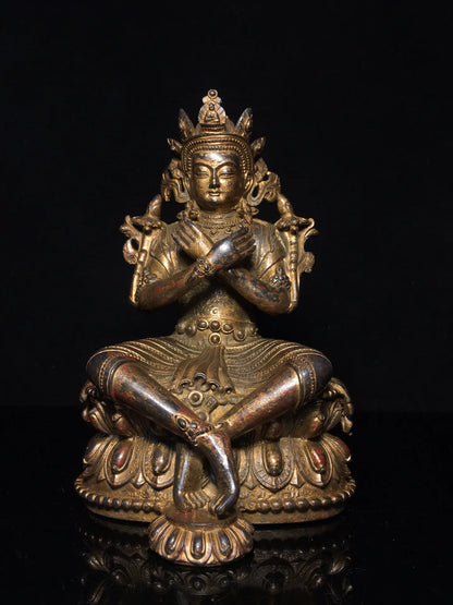 9"Tibetan Temple Collection Old Bronze Cinnabar Mud gold Vajradhara Diamond Master Sitting Buddha Worship Hall Town house
