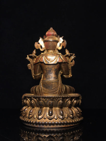 9"Tibetan Temple Collection Old Bronze Cinnabar Mud gold Vajradhara Diamond Master Sitting Buddha Worship Hall Town house