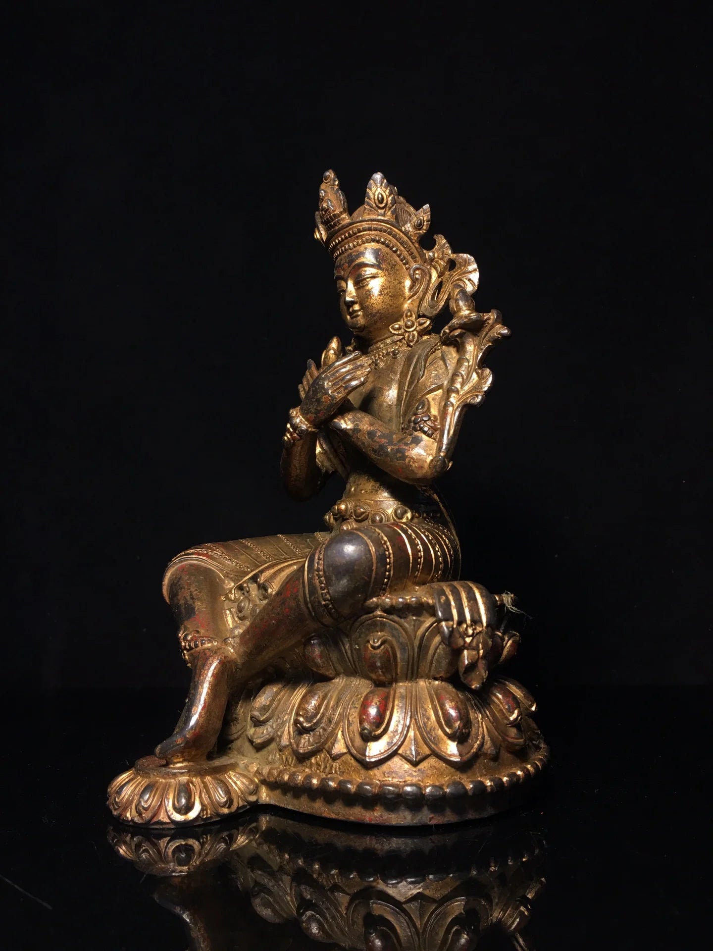 9"Tibetan Temple Collection Old Bronze Cinnabar Mud gold Vajradhara Diamond Master Sitting Buddha Worship Hall Town house