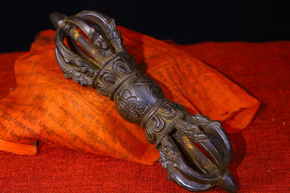 9"Tibetan Temple Collection Old Bronze Cinnabar Nine Shares Vajra Flower Dorje Vajra Phurp Amulet Dharma Town House Exorcism