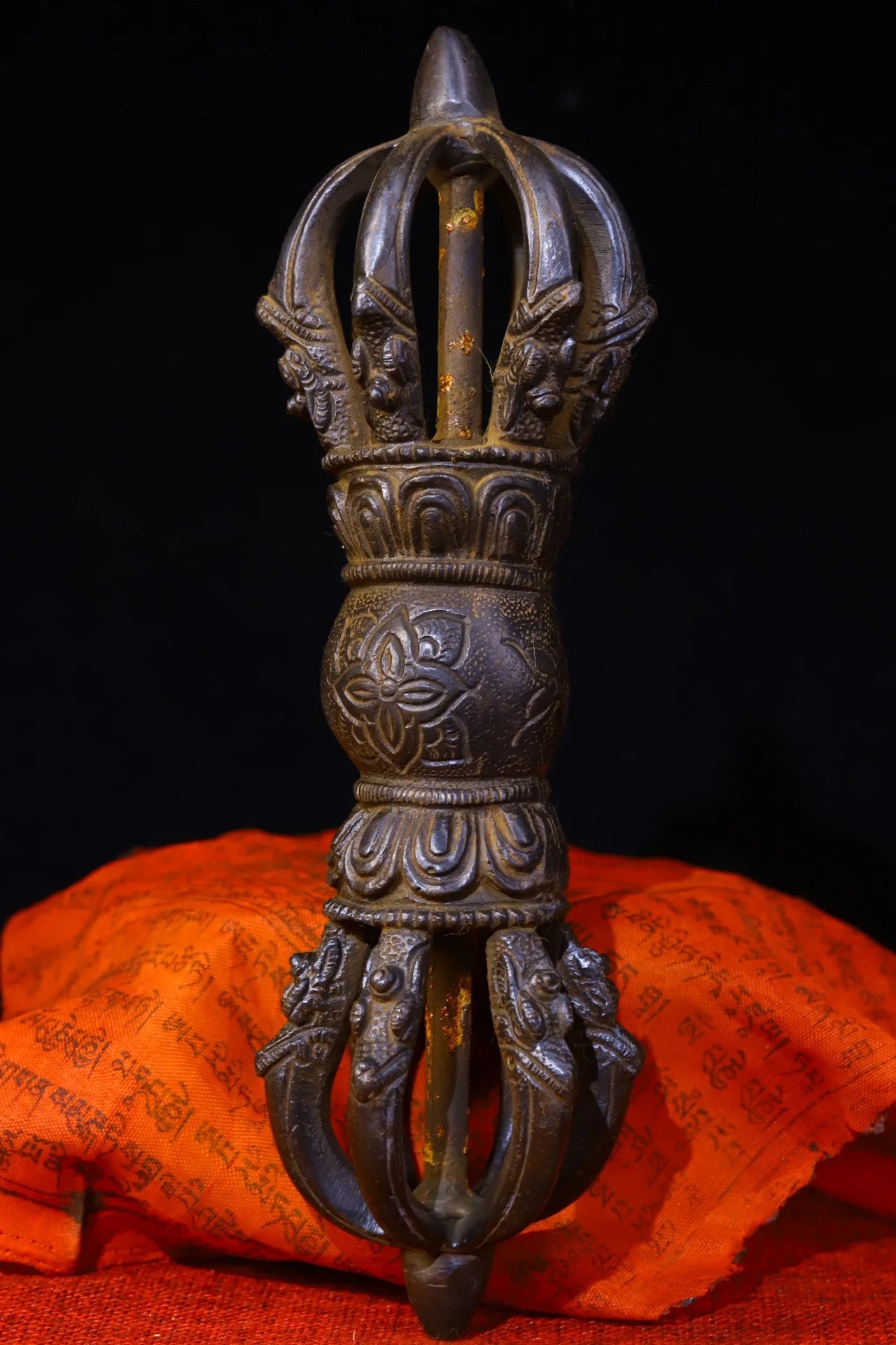 9"Tibetan Temple Collection Old Bronze Cinnabar Nine Shares Vajra Flower Dorje Vajra Phurp Amulet Dharma Town House Exorcism