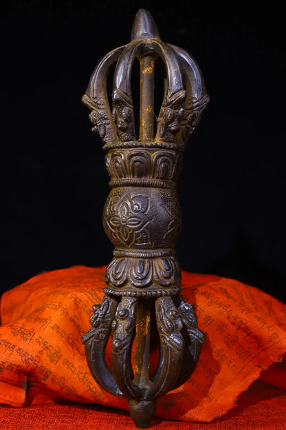 9"Tibetan Temple Collection Old Bronze Cinnabar Nine Shares Vajra Flower Dorje Vajra Phurp Amulet Dharma Town House Exorcism