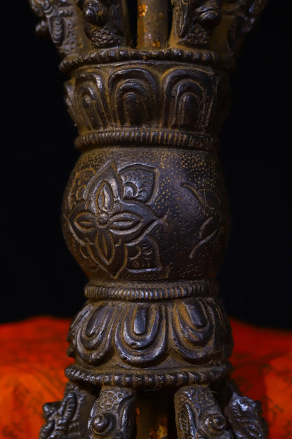 9"Tibetan Temple Collection Old Bronze Cinnabar Nine Shares Vajra Flower Dorje Vajra Phurp Amulet Dharma Town House Exorcism