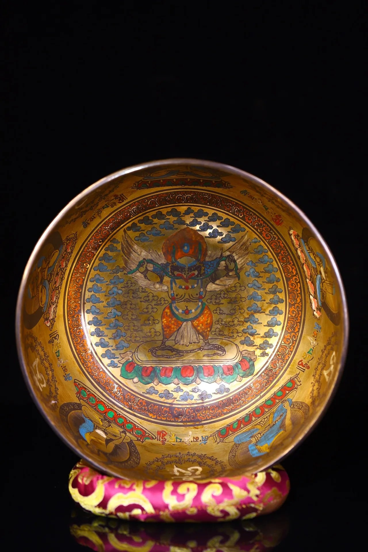 9"Tibetan Temple Collection Old Bronze Cinnabar Painted Garuda Dhwaja Buddha Buddhist Music Bowl Amulet Dharam Worship Hall