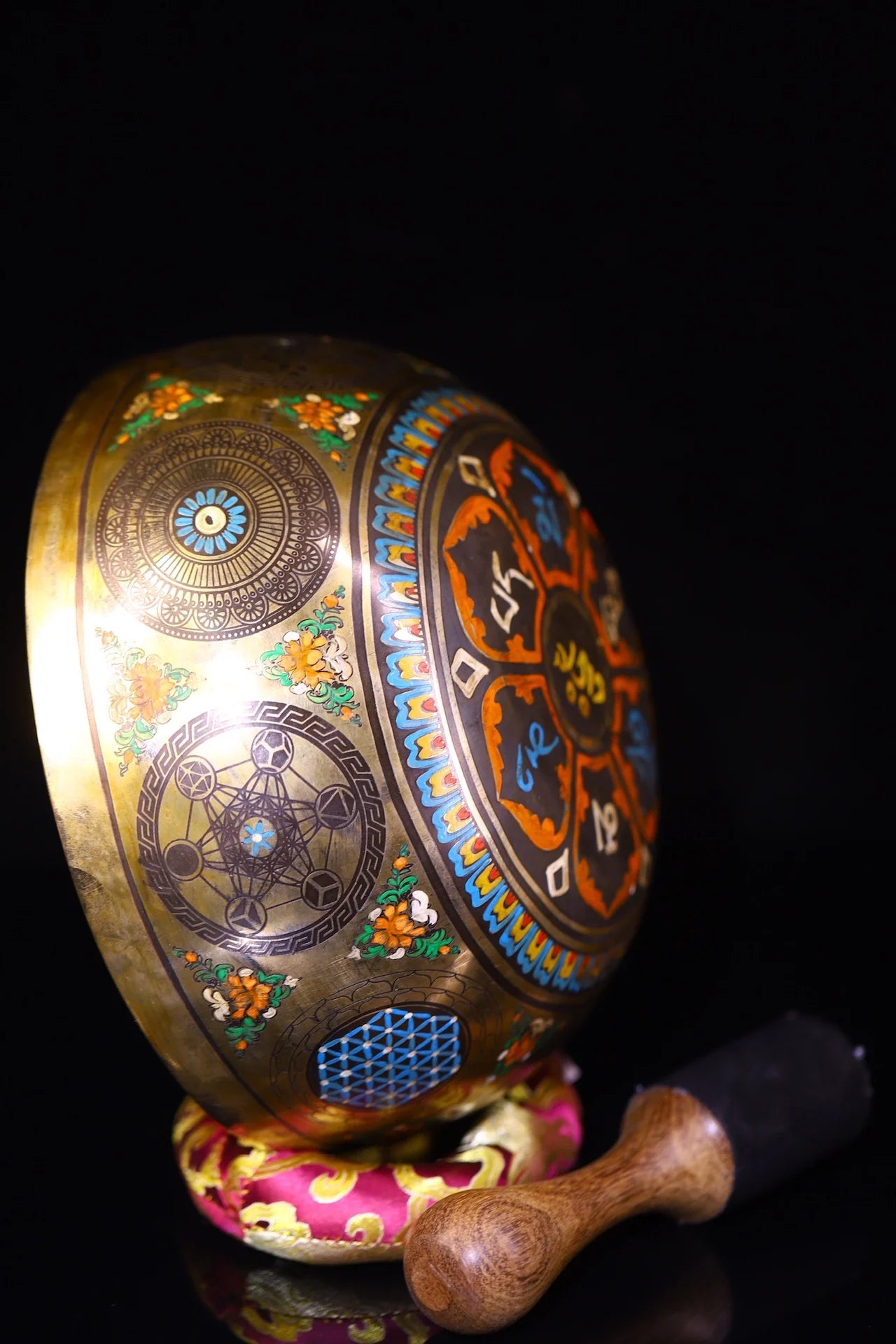 9"Tibetan Temple Collection Old Bronze Cinnabar Painted Garuda Dhwaja Buddha Buddhist Music Bowl Amulet Dharam Worship Hall