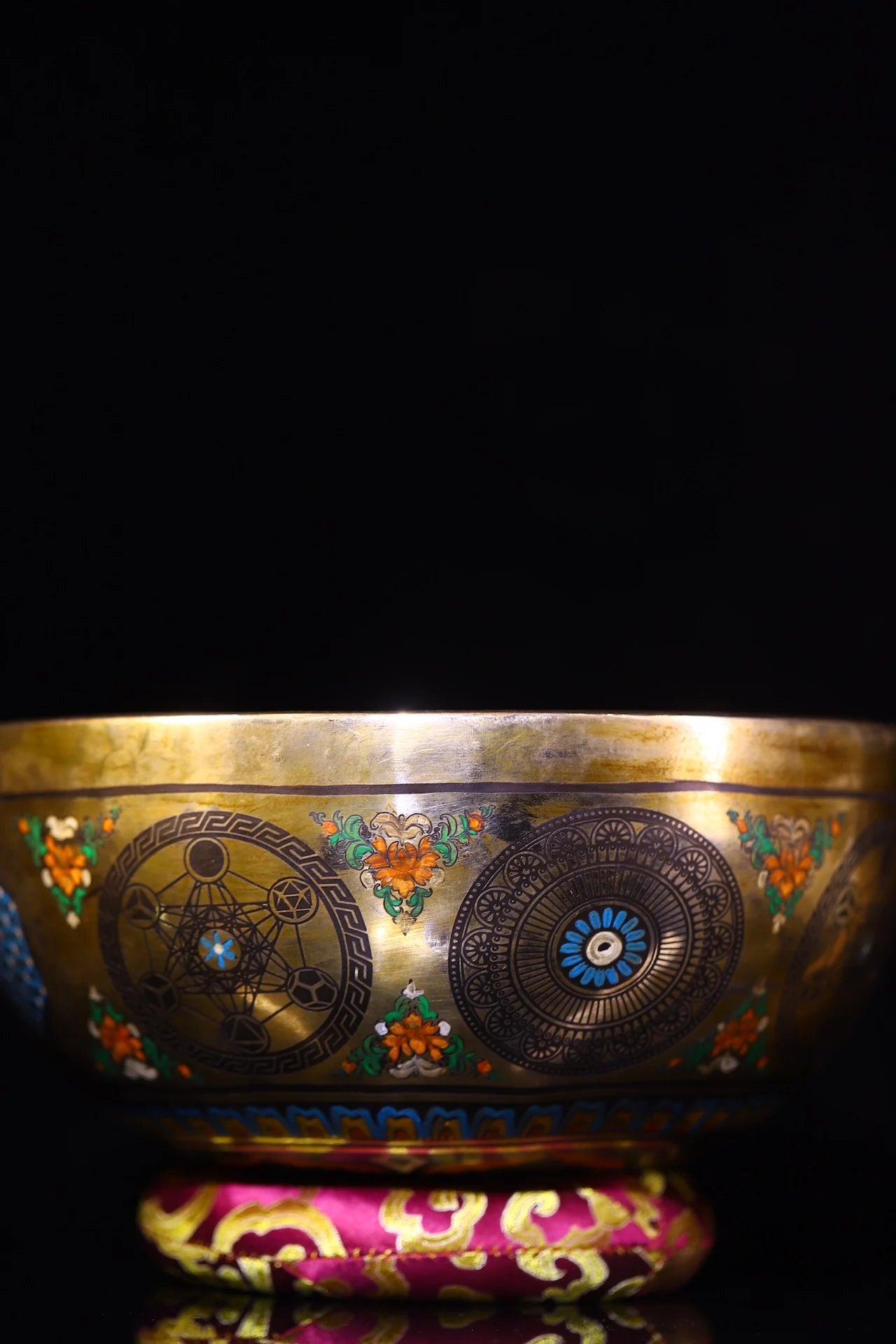 9"Tibetan Temple Collection Old Bronze Cinnabar Painted Garuda Dhwaja Buddha Buddhist Music Bowl Amulet Dharam Worship Hall