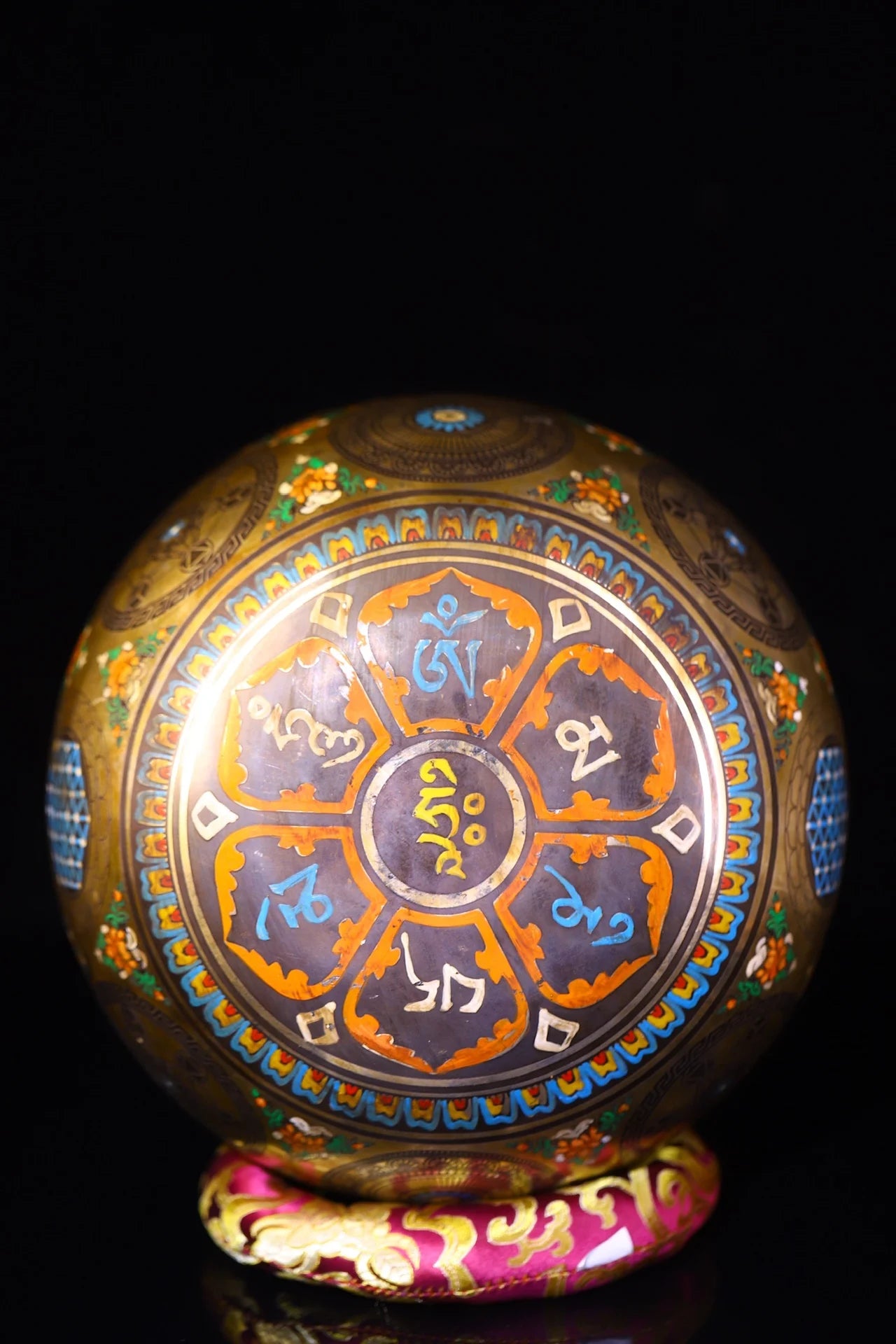 9"Tibetan Temple Collection Old Bronze Cinnabar Painted Garuda Dhwaja Buddha Buddhist Music Bowl Amulet Dharam Worship Hall