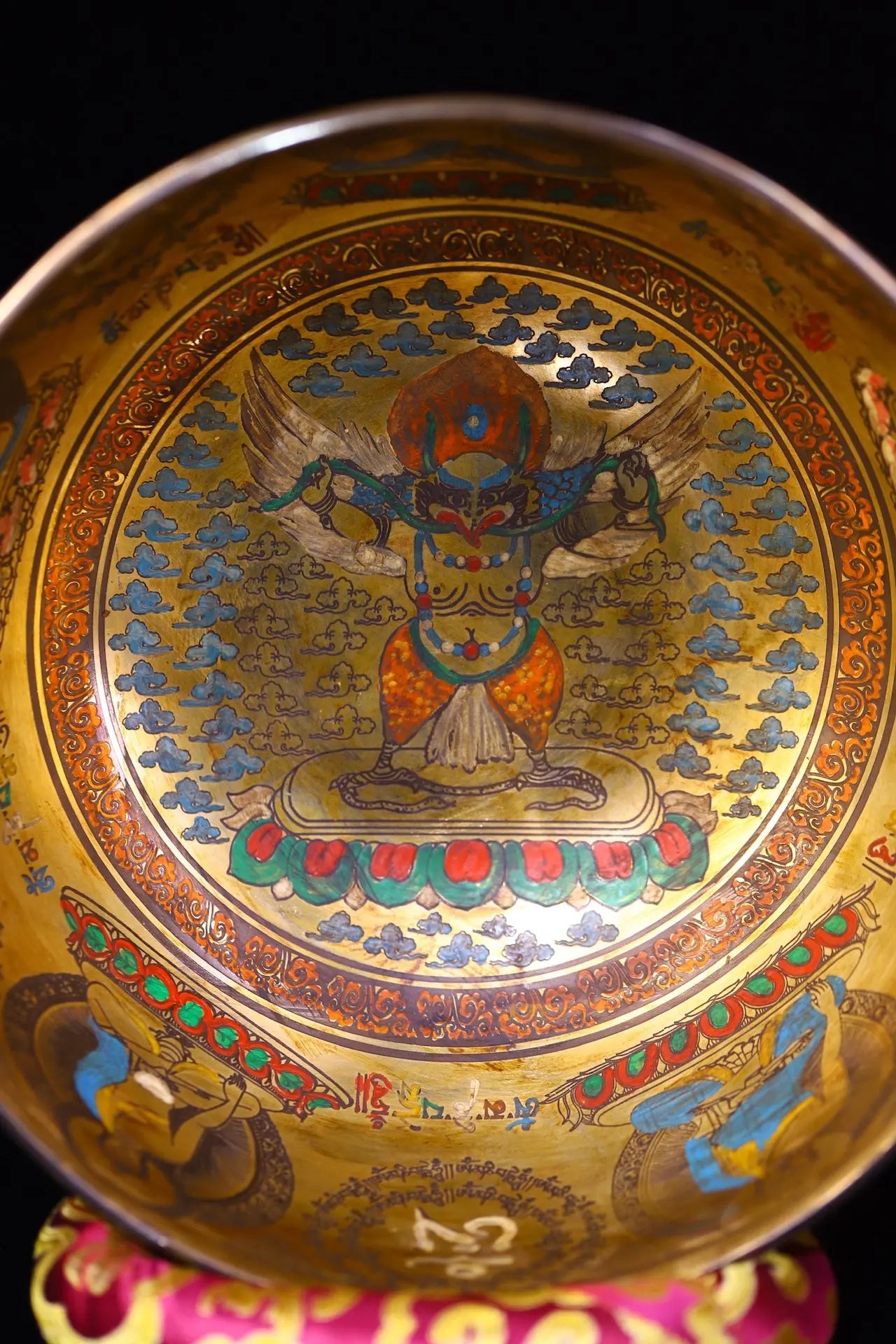 9"Tibetan Temple Collection Old Bronze Cinnabar Painted Garuda Dhwaja Buddha Buddhist Music Bowl Amulet Dharam Worship Hall