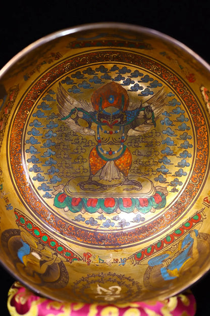 9"Tibetan Temple Collection Old Bronze Cinnabar Painted Garuda Dhwaja Buddha Buddhist Music Bowl Amulet Dharam Worship Hall