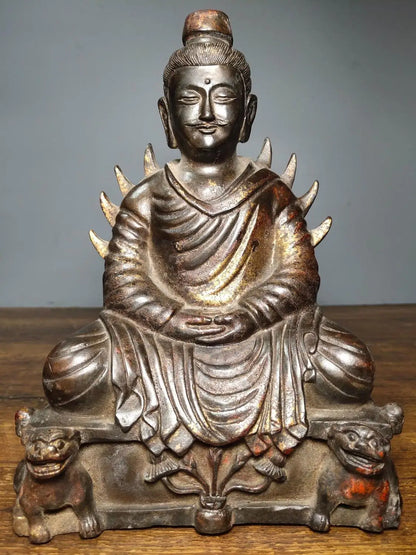 9"Tibetan Temple Collection Old Bronze Cinnabars Northern Wei Dynasty Steel Buddha Shakyamuni Buddha Worship Hall Town house