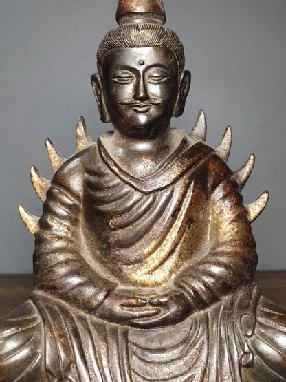 9"Tibetan Temple Collection Old Bronze Cinnabars Northern Wei Dynasty Steel Buddha Shakyamuni Buddha Worship Hall Town house