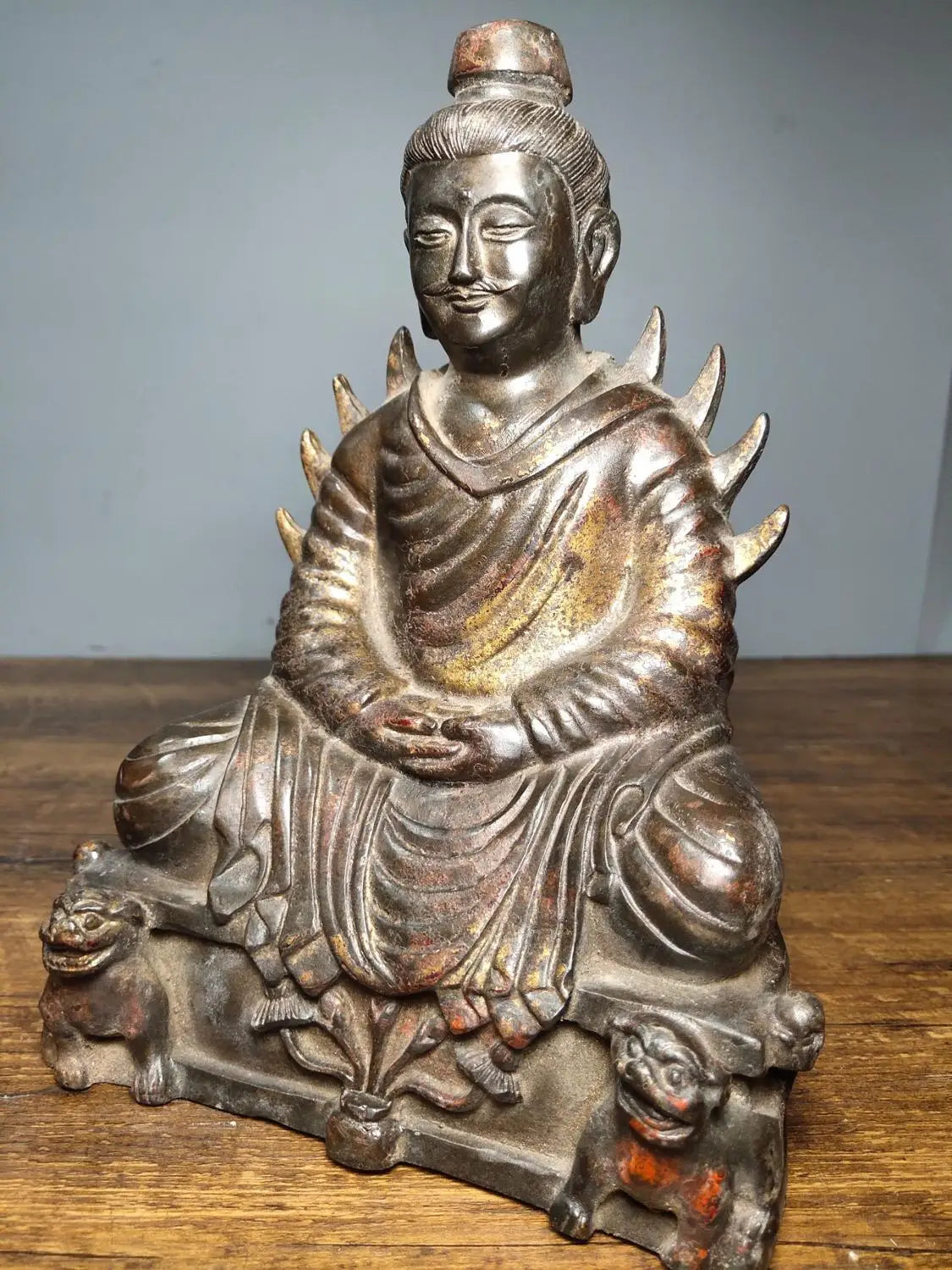 9"Tibetan Temple Collection Old Bronze Cinnabars Northern Wei Dynasty Steel Buddha Shakyamuni Buddha Worship Hall Town house
