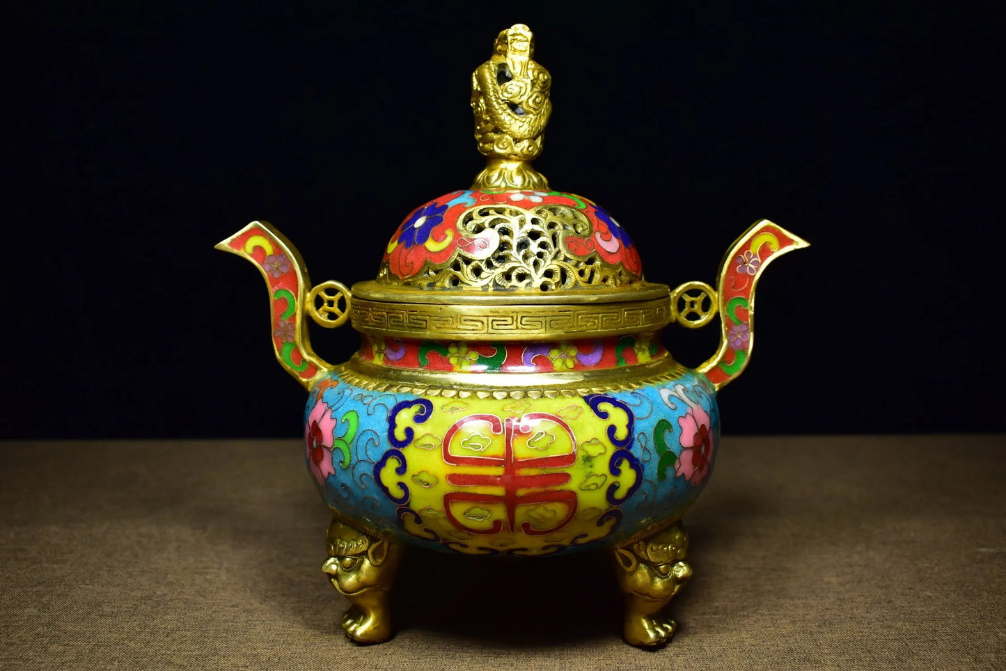 9"Tibetan Temple Collection Old Bronze Cloisonne Enamel Dragon Statue Ruyi binaural three-legged incense burner ornament