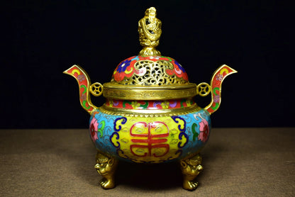 9"Tibetan Temple Collection Old Bronze Cloisonne Enamel Dragon Statue Ruyi binaural three-legged incense burner ornament