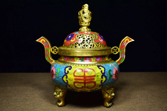 9"Tibetan Temple Collection Old Bronze Cloisonne Enamel Dragon Statue Ruyi binaural three-legged incense burner ornament