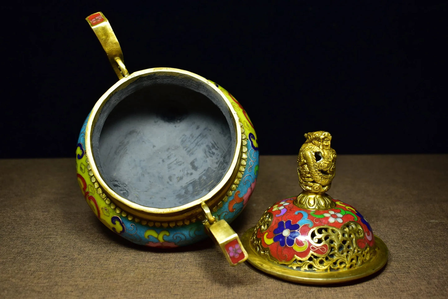 9"Tibetan Temple Collection Old Bronze Cloisonne Enamel Dragon Statue Ruyi binaural three-legged incense burner ornament