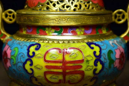 9"Tibetan Temple Collection Old Bronze Cloisonne Enamel Dragon Statue Ruyi binaural three-legged incense burner ornament