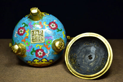 9"Tibetan Temple Collection Old Bronze Cloisonne Enamel Dragon Statue Ruyi binaural three-legged incense burner ornament