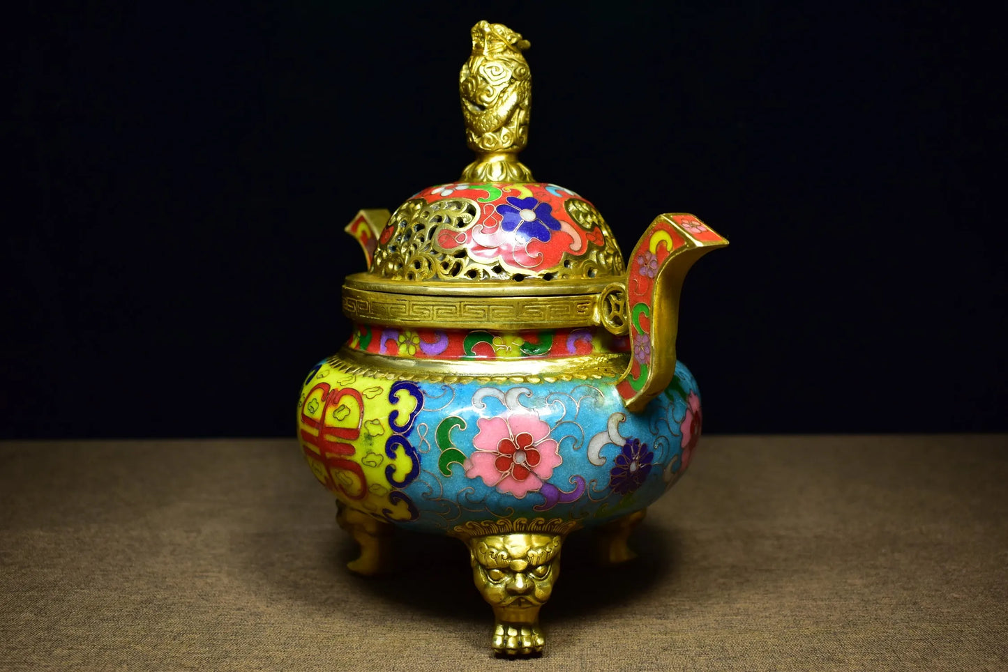 9"Tibetan Temple Collection Old Bronze Cloisonne Enamel Dragon Statue Ruyi binaural three-legged incense burner ornament