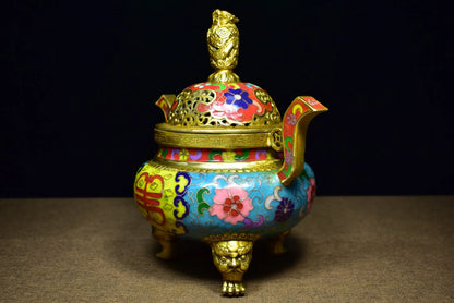 9"Tibetan Temple Collection Old Bronze Cloisonne Enamel Dragon Statue Ruyi binaural three-legged incense burner ornament