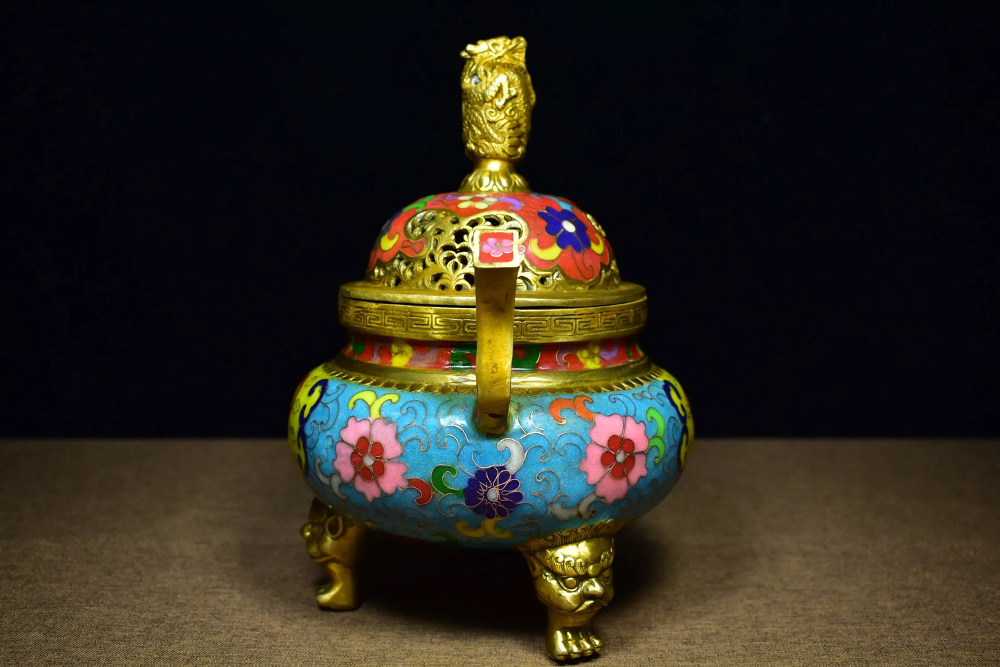 9"Tibetan Temple Collection Old Bronze Cloisonne Enamel Dragon Statue Ruyi binaural three-legged incense burner ornament