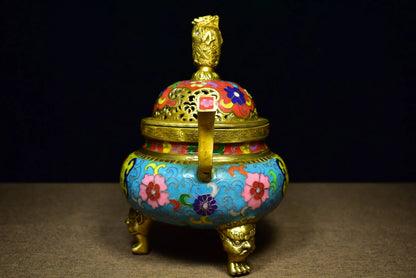 9"Tibetan Temple Collection Old Bronze Cloisonne Enamel Dragon Statue Ruyi binaural three-legged incense burner ornament