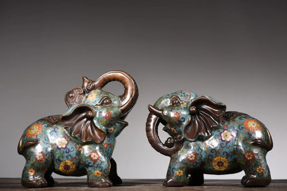 9"Tibetan Temple Collection Old Bronze Cloisonne Enamel Elephant A pair good luck ornament Wealth Elephant Town House Exorcism