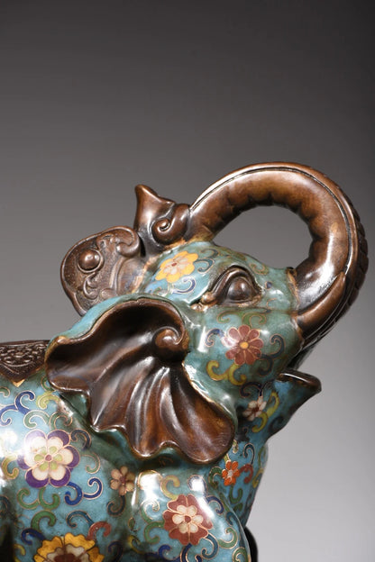 9"Tibetan Temple Collection Old Bronze Cloisonne Enamel Elephant A pair good luck ornament Wealth Elephant Town House Exorcism