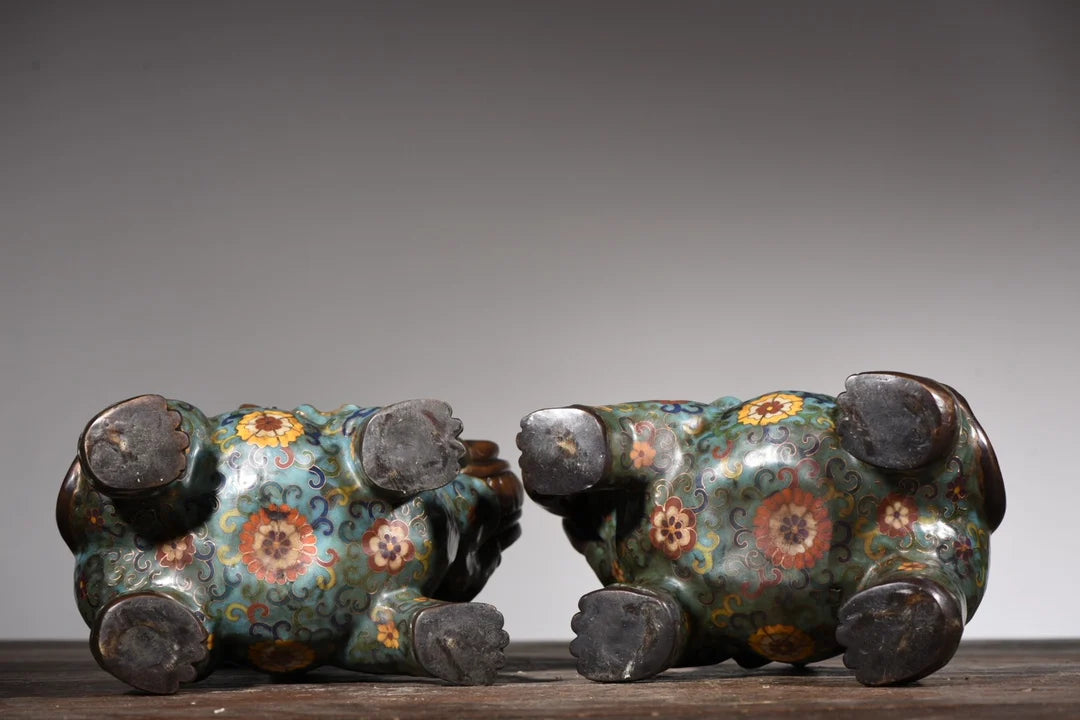 9"Tibetan Temple Collection Old Bronze Cloisonne Enamel Elephant A pair good luck ornament Wealth Elephant Town House Exorcism